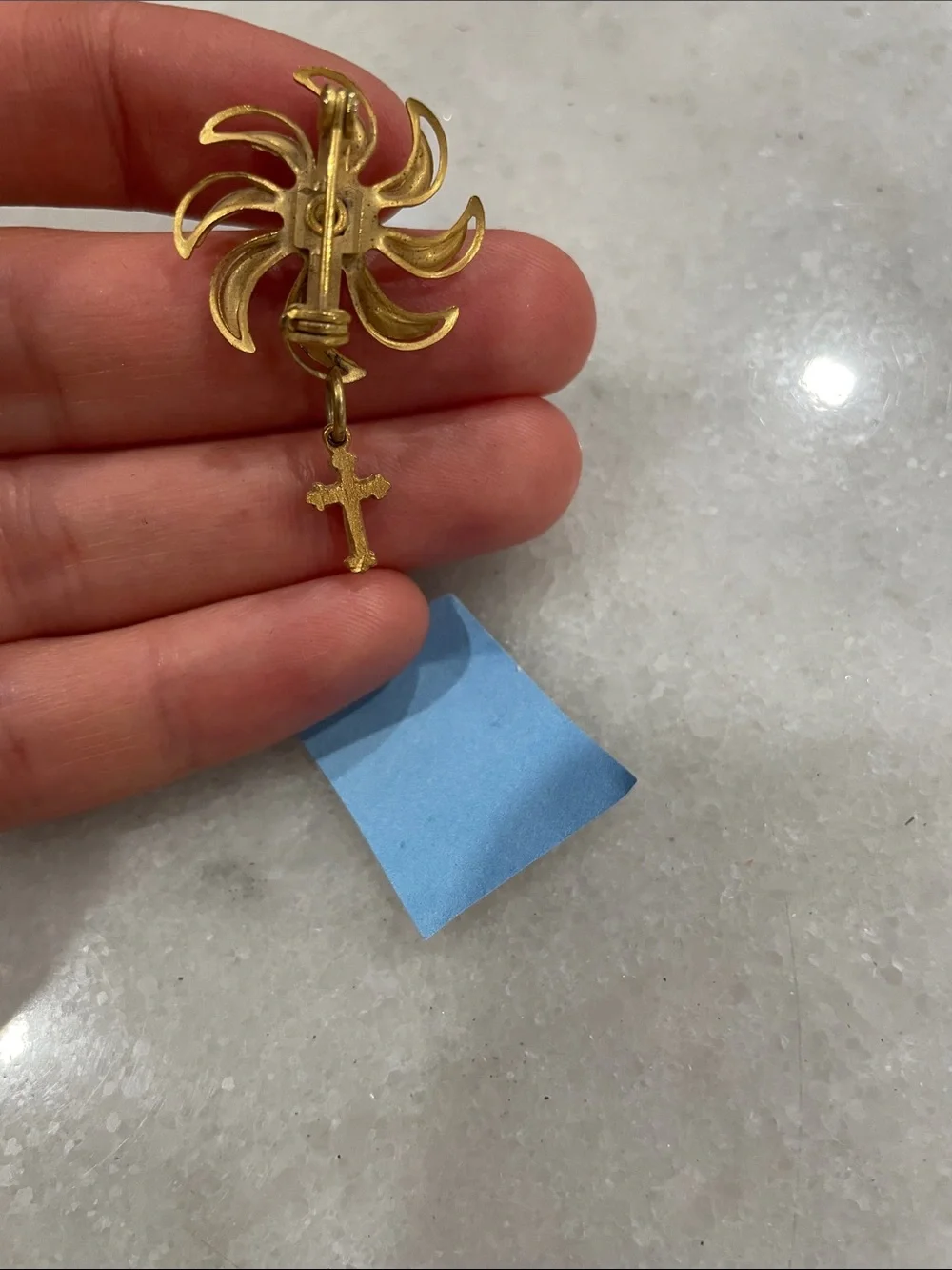 Gold-Tone Sunburst Cross Drop Pin Brooch with Crystal Accent